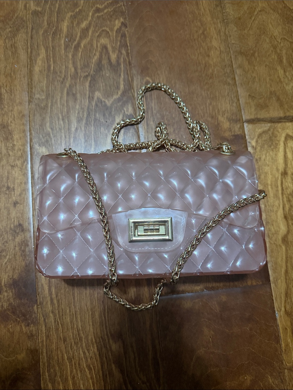 Quilted Pink Jelly Chain Shoulder Bag with Gold Hardware